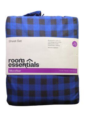 Room Essentials Twin XL Sheet Set Blue Black Gingham Microfiber Dorm